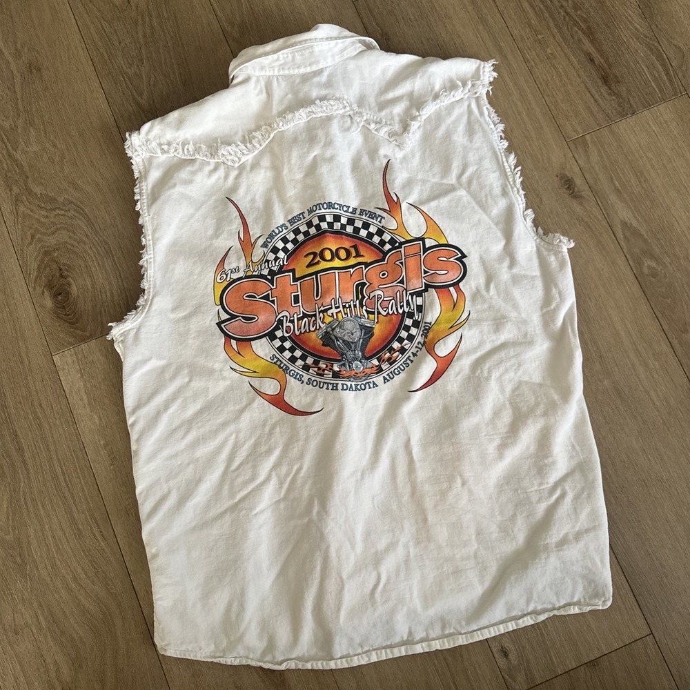 Harley Davidson 61st Sturgis Black Hills Rally 2001 Cut Off Denim Shirt 2XL